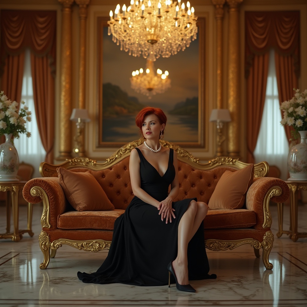 Prompt: Luxurious interior, golden accents, ornate chandelier, velvet sofa, marble floor, crystal vases, expensive-looking paintings, lavish curtains, intricate patterns, regal atmosphere, warm soft lighting, 3/4 composition, shallow depth of field, cinematic mood, elegant mature lady, red hair, pearl necklace, black evening dress, high heels, posing on the couch.