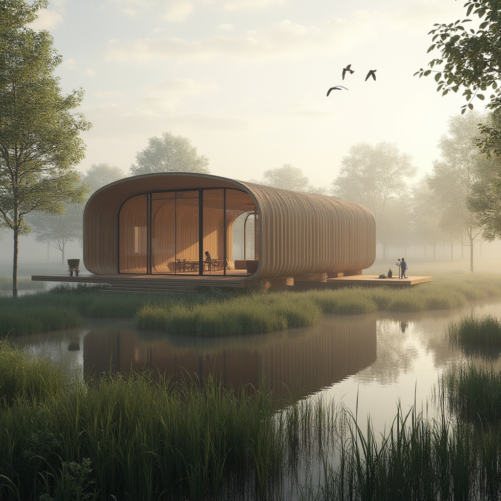 Prompt: Wetland pavilion, modern architecture, wooden structure, curved roof, large windows, natural light, eco-friendly materials, water-resistant, reeds surrounding, misty morning, tranquil atmosphere, few birds flying overhead, gentle breeze, soft sunlight filtering through trees, 3/4 composition, shallow depth of field, warm colors, nature-inspired design.