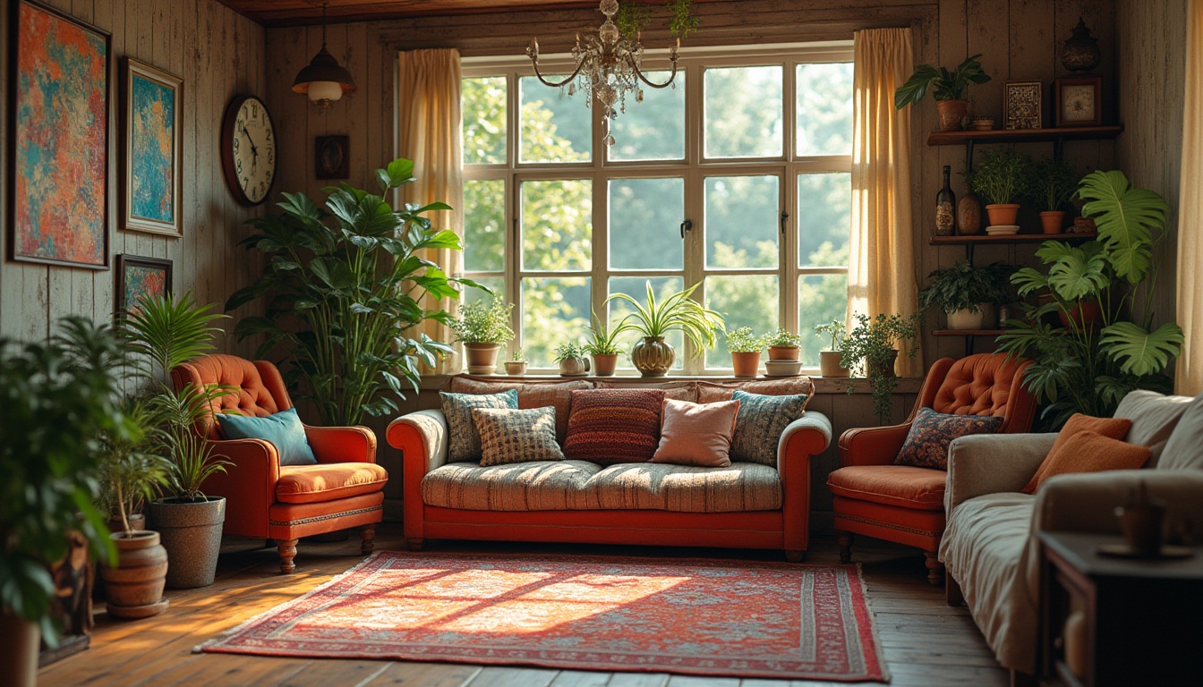 Prompt: Cozy eclectic room, warm and inviting atmosphere, vintage furniture, colorful rug, plants with unique pots, abstract artwork, eclectic decorative items, antique clock, cozy reading nook, oversized windows, natural light pouring in, plants on the shelves, wooden floor, distressed finish, earthy tones, soft focus, warm lighting, cinematic composition.