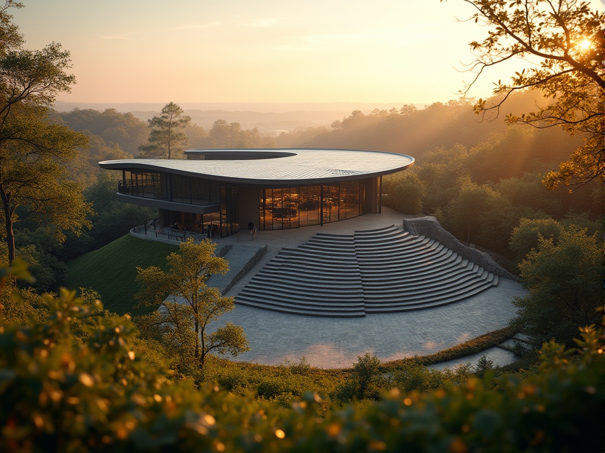 Prompt: Suburban landscape, modern performing arts center, curved glass facade, sleek metal roof, vibrant greenery surroundings, outdoor amphitheater, stone seating area, natural slope integration, warm sunset lighting, soft focus on building edges, blurred background trees, gentle mist effect, tranquil atmosphere, 3/4 composition, panoramic view, warm color palette, cinematic mood.