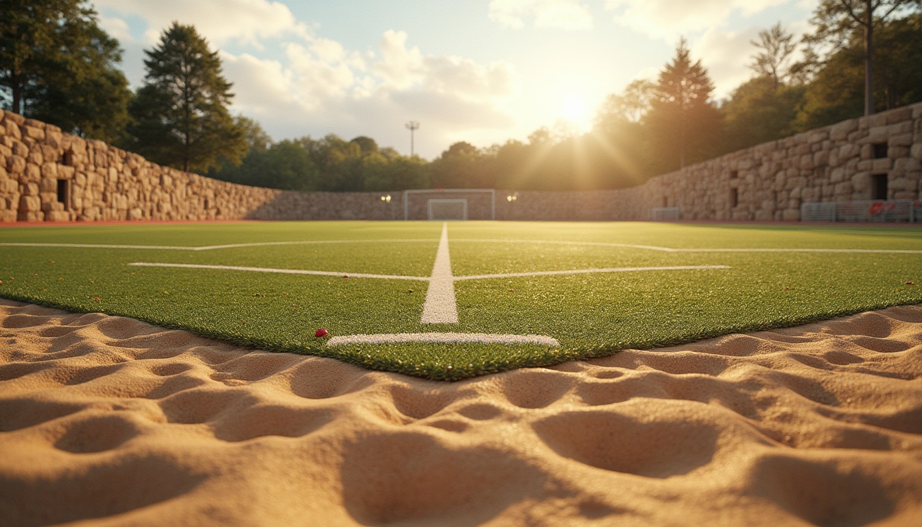 Prompt: Sports field, sandy terrain, sandstone walls, natural stone texture, rustic ambiance, afternoon sunlight, warm atmosphere, athletic tracks, green grass, sports equipment, goalposts, stadium seating, cheering crowds, dynamic composition, low-angle shot, vibrant colors, soft focus, shallow depth of field.