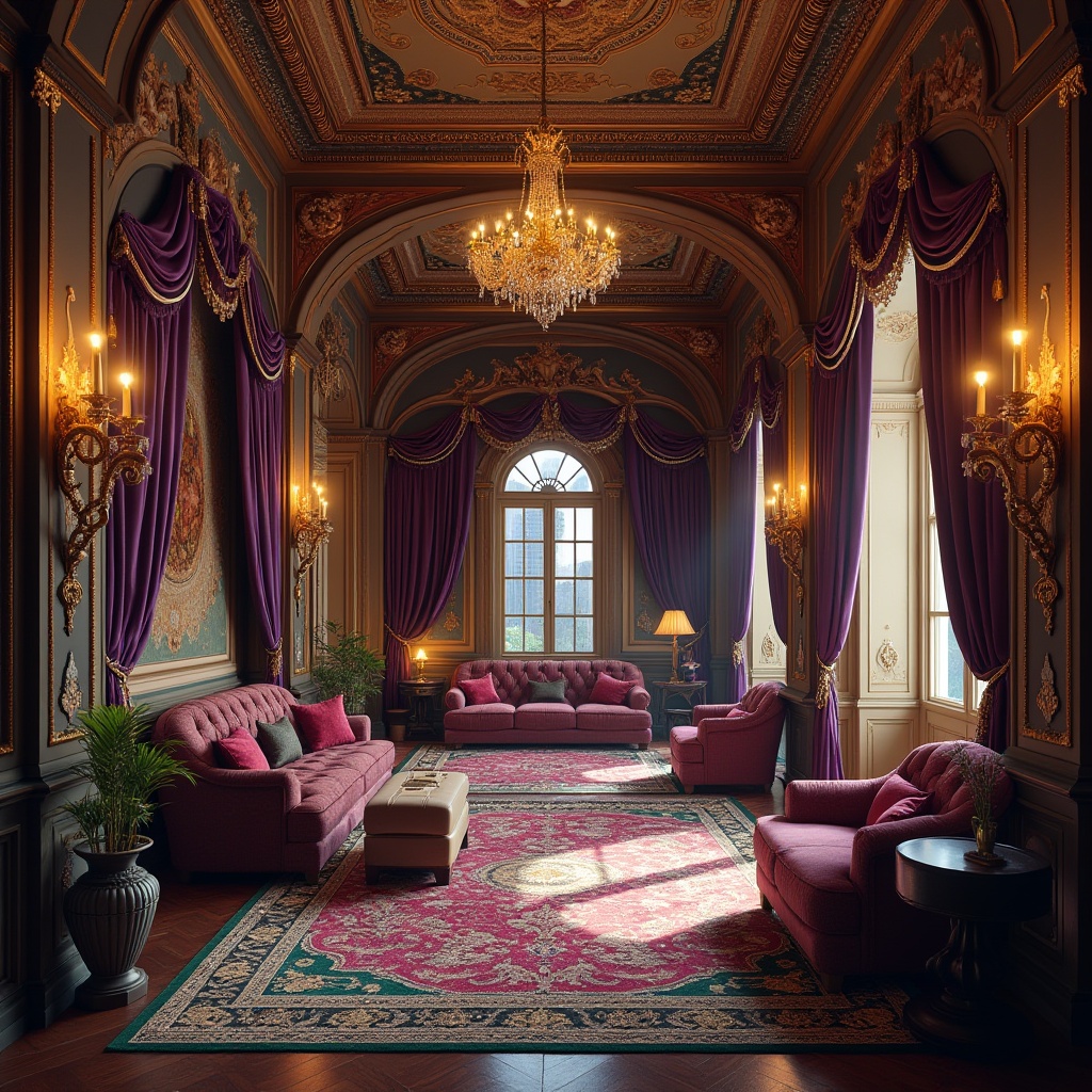 Prompt: Byzantine style dorm, ornate architecture, grandiose chandeliers, intricate mosaics, lavish furnishings, rich velvet fabrics, regal purple accents, golden trimmings, majestic archways, cozy reading nooks, plush area rugs, ornamental columns, warm candle lighting, atmospheric shadows, 3/4 composition, symmetrical framing, luxurious atmosphere.