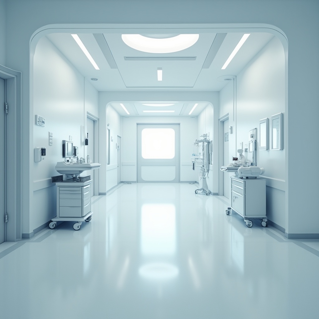 Prompt: Modern hospital interior, sterile atmosphere, plastic materials dominant, white walls, polished floors, stainless steel medical equipment, futuristic LED lights, minimal decor, subtle curves, rounded edges, hygienic ambiance, soft natural light, gentle shadows, empty corridors, quiet tone, 3/4 composition, shallow depth of field.