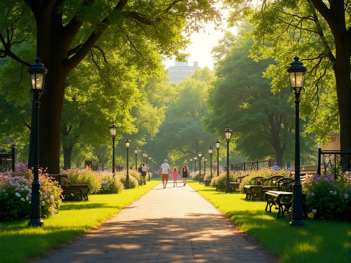 Prompt: Vibrant Gainsboro color, lush greenery, serene park atmosphere, sunny day, warm soft light, gentle breeze, walking path, people strolling, children playing, picnic blanket, vibrant flowers, blooming trees, wooden benches, vintage lamp posts, intricate iron fences, natural scenery, 3/4 composition, panoramic view, realistic texture, depth of field, cinematic lighting.