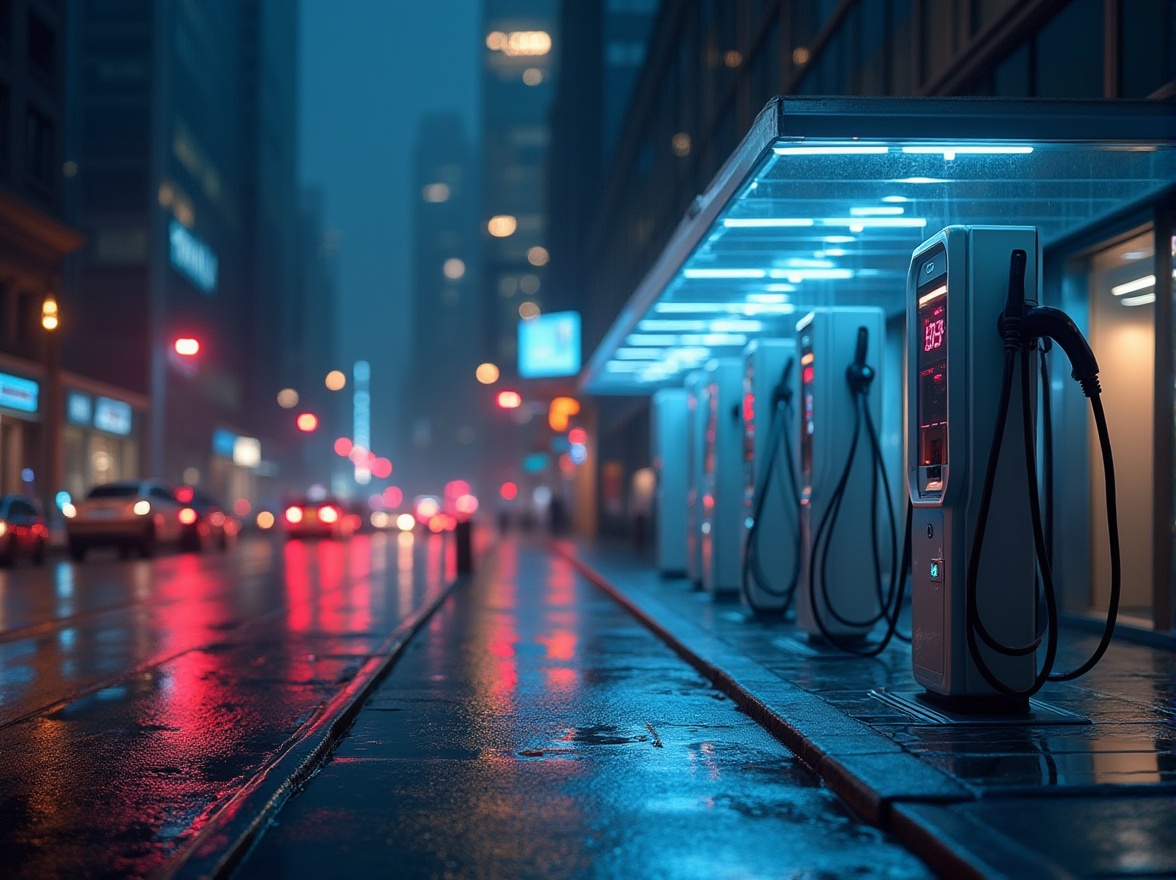 Prompt: Modern urban charging station, sleek metal structure, LED lights, glass facade, minimalist design, cityscape background, busy street, skyscrapers, night scene, neon lights reflection, wet pavement, puddles, rainy day, close-up shot, shallow depth of field, futuristic ambiance, electric cars, charging cables, digital screens displaying charge percentage, urban landscape, metropolitan atmosphere, soft focus, warm lighting.