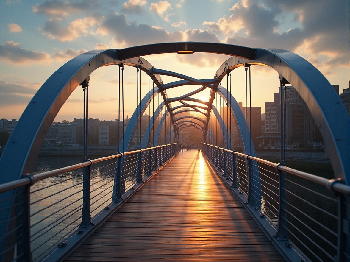 Prompt: Modern pedestrian bridge, sleek metal arches, suspended walkway, wooden decking, industrial-style railings, geometric patterns, minimalist lighting, urban cityscape, riverside location, dusk hour, warm golden lighting, shallow depth of field, atmospheric mist effect, 3/4 composition, cinematic angle, detailed textures, realistic rendering.