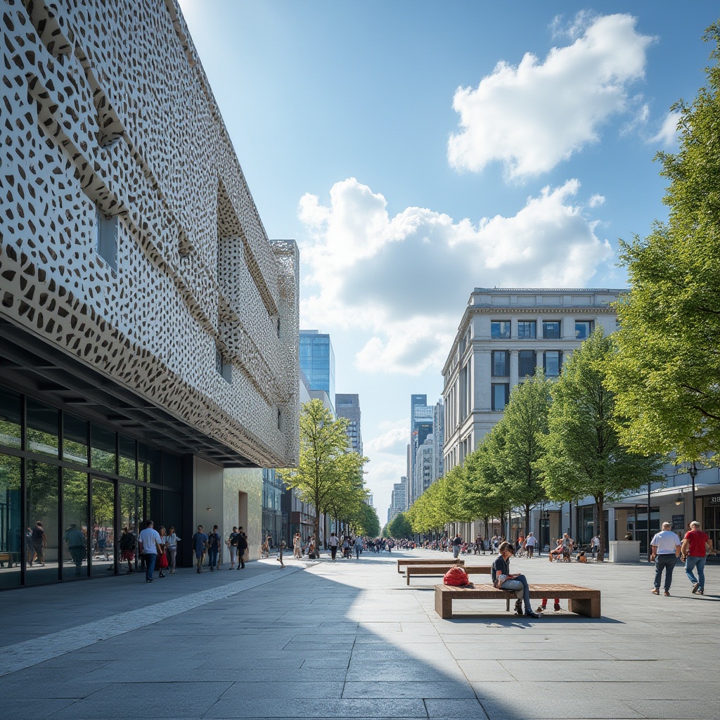 Prompt: Urban cityscape, perforated metal material, modern architecture, geometric patterns, industrial feel, functional design, urban furniture, public art installation, city square, daytime, sunny weather, blue sky with white clouds, people walking in the background, shallow depth of field, vibrant colors, abstract composition, unique texture, intricate details, 3/4 view.