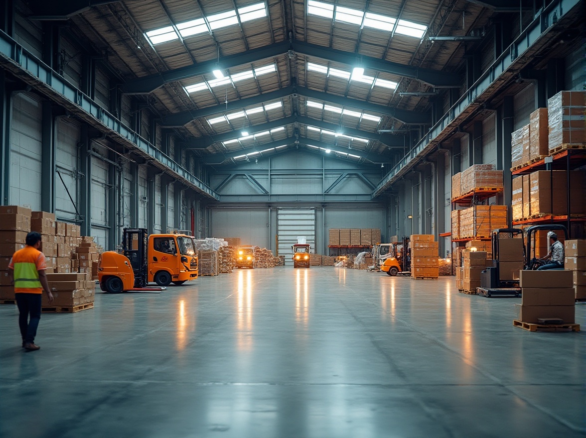 Prompt: Modern distribution center, industrial building, large scale, urban area, steel frame structure, masonry materials, brick walls, concrete foundation, metal roofing, corrugated iron sheets, skylights, loading docks, cargo trucks, forklifts, warehouse shelves, stacked boxes, busy workers in reflective vests, fluorescent lighting, 3/4 composition, low-angle shot, warm color tone, soft focus.