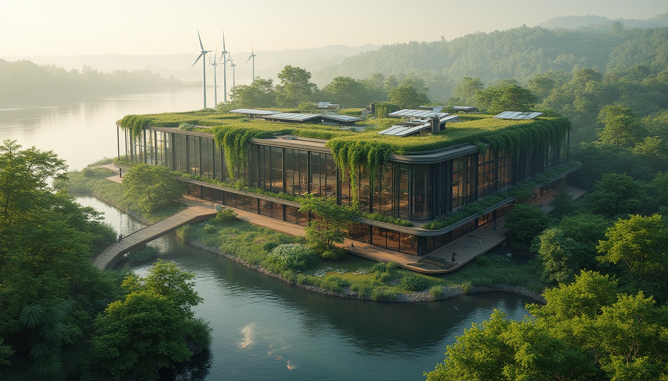 Prompt: Lakefront factory, green architecture, modern futuristic building, surrounded by trees, vines crawling up walls, large glass windows, steel frames, curved lines, minimalist style, rooftop garden, solar panels, wind turbines, water feature, koi pond, wooden decks, eco-friendly materials, natural lighting, panoramic view, 3/4 composition, soft warm light, early morning mist, serene atmosphere.