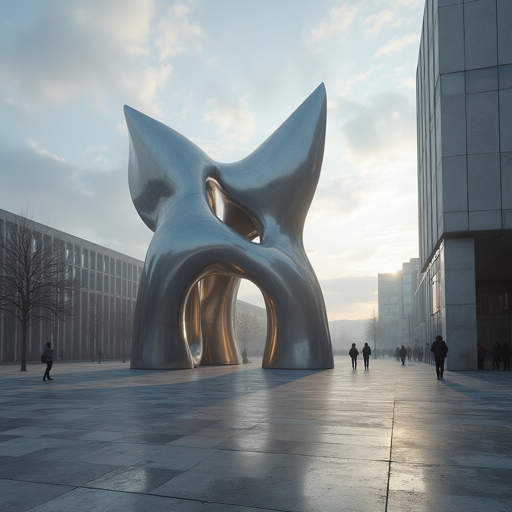 Prompt: Modern monument, sleek, geometric shape, clean lines, minimalist details, metallic material, silver color, reflective surface, abstract sculpture, urban setting, city square, afternoon sun, dramatic shadows, low-angle shot, symmetrical composition, bold architecture, brutalist influence, concrete texture, futuristic ambiance, atmospheric lighting, misty fog effect.