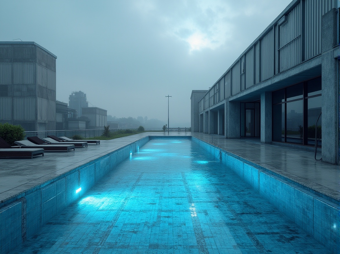 Prompt: Industrial swimming pool, modern design, rectangular shape, steel frame, concrete walls, blue tile floor, automatic cover system, LED underwater lights, saltwater chlorination, surrounded by industrial buildings, factory backdrop, urban landscape, cloudy sky, dramatic lighting, 3/4 composition, soft focus, morning mist, serene atmosphere.