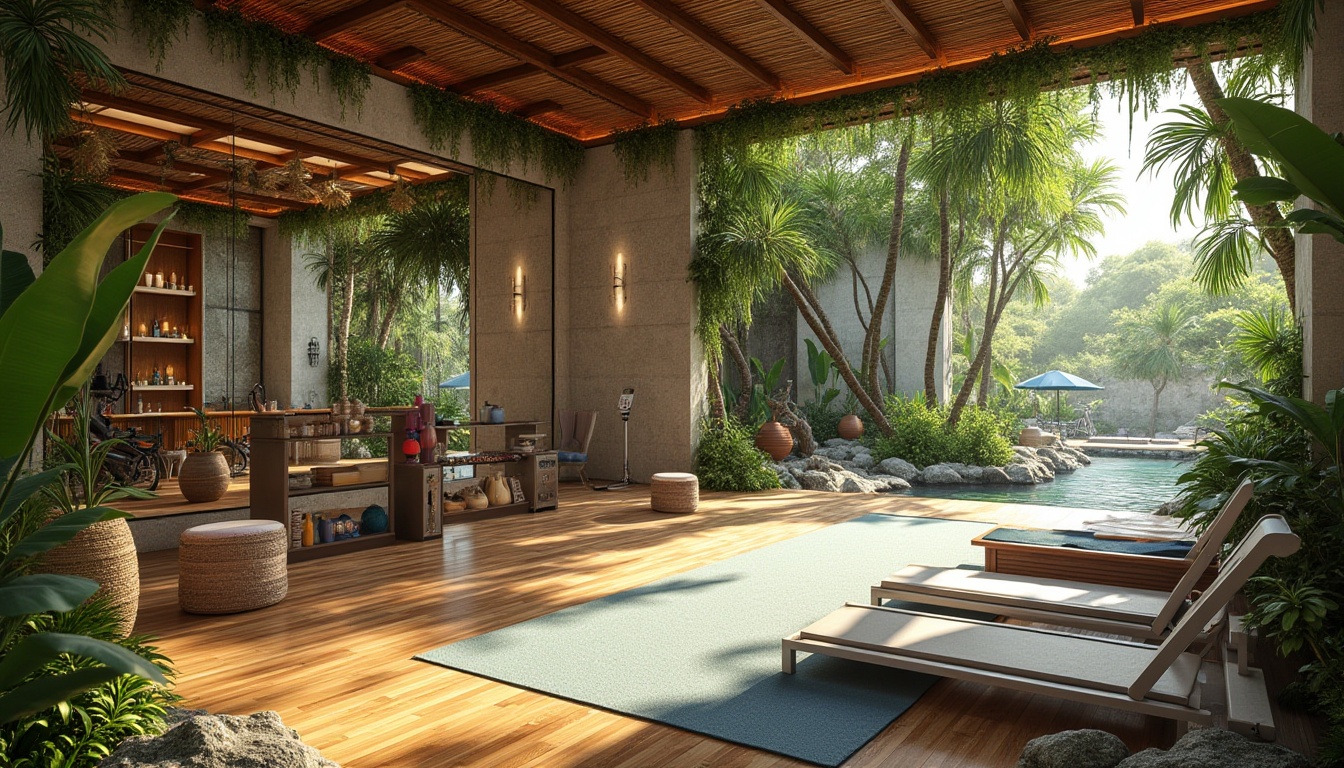 Prompt: Tropical island oasis, fitness club interior, palm trees, lush greenery, natural stone walls, wooden flooring, modern gym equipment, exercise mats, yoga balls, resistance bands, free weights, treadmills, stationary bikes, punching bags, mirrors, glass ceiling, natural light, warm color scheme, ambient lighting, calm atmosphere, serene ambiance, water features, small waterfall, koi pond, wooden bridge, stone paths, beach-like entrance, palm frond ceiling decor, rattan furniture, wicker lounge chairs, exotic plants, floral patterns, refreshing colors, relaxation area, healthy snacks bar, juice counter, smoothie bowls.