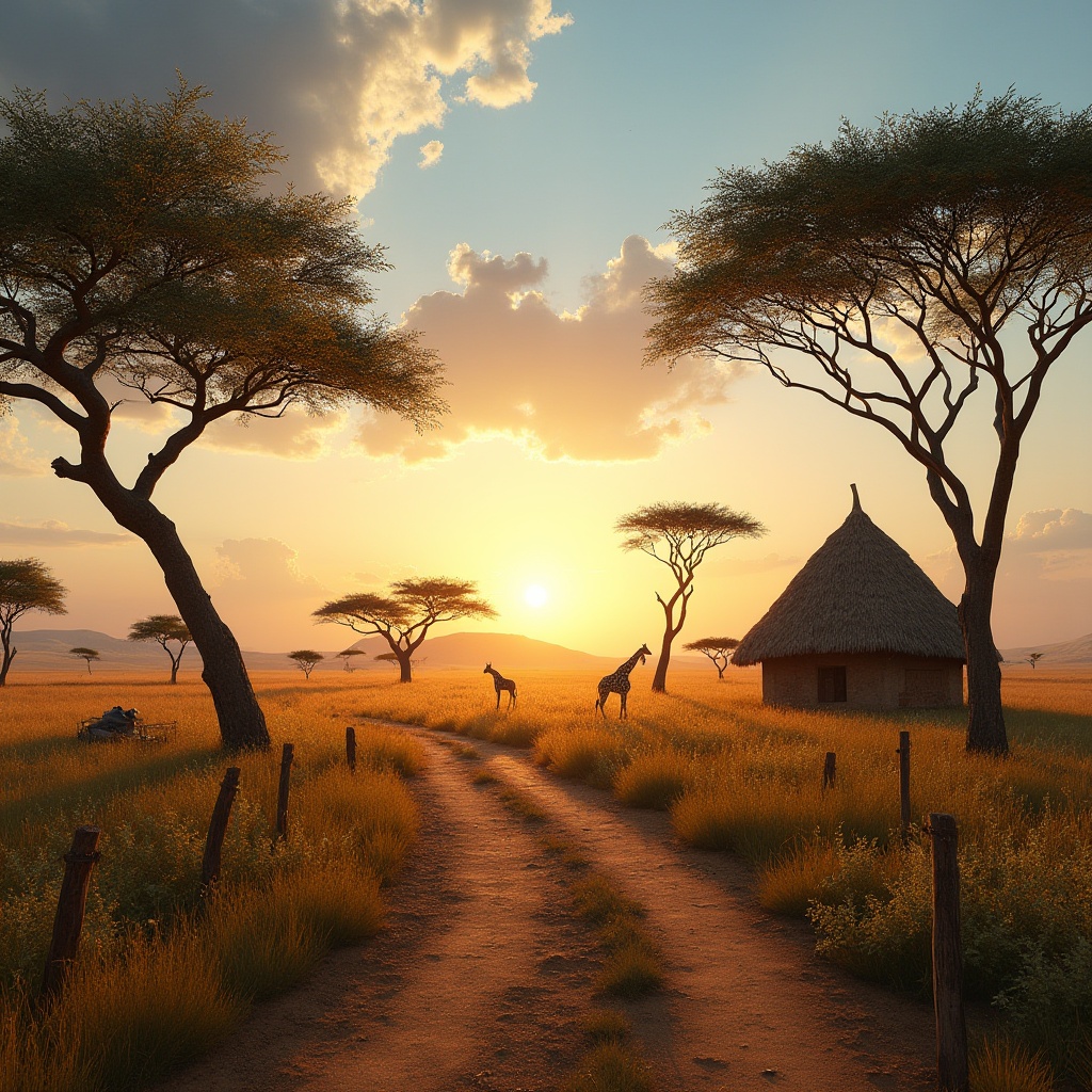 Prompt: Savanna environment, sunset time, warm orange-yellow light, gentle breeze, tall acacia trees, sparse grasslands, few baobab trees, distant rocky outcrops, vast open spaces, clear blue sky with puffy white clouds, a lone giraffe roaming freely, majestic antelopes grazing peacefully, old wooden fence posts scattered around, rustic worn-out pathway leading to a secluded hut, natural earthy tones, warm soft lighting, cinematic composition, African-inspired patterns on textiles.