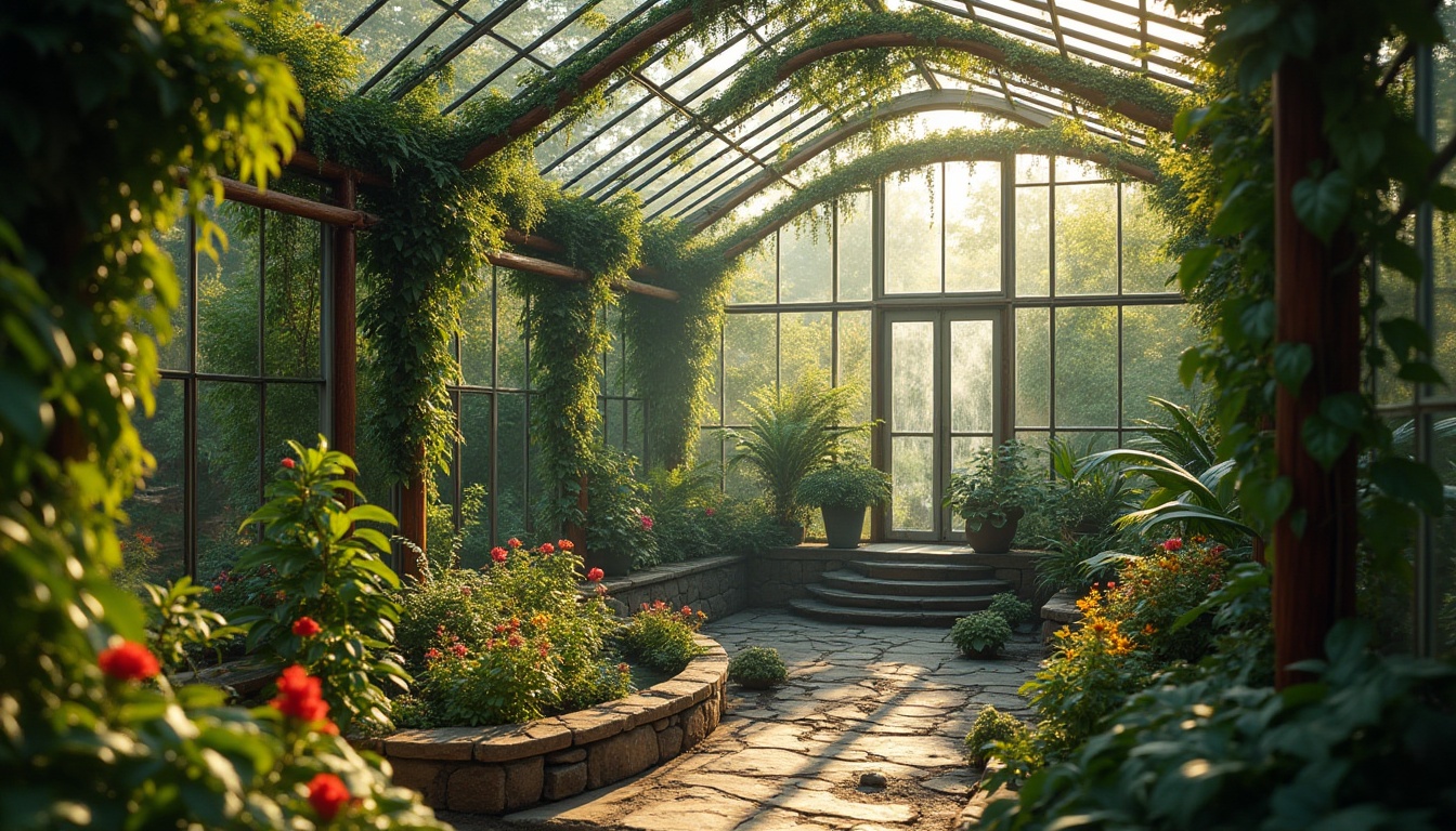 Prompt: Greenhouse, regionalism style, tropical plants, exotic flowers, vines crawling up walls, wooden trellis, natural stone foundation, curved glass roof, warm soft lighting, misty atmosphere, lush greenery, subtle water features, peaceful ambiance, 3/4 composition, shallow depth of field, warm color tone, filmic texture.