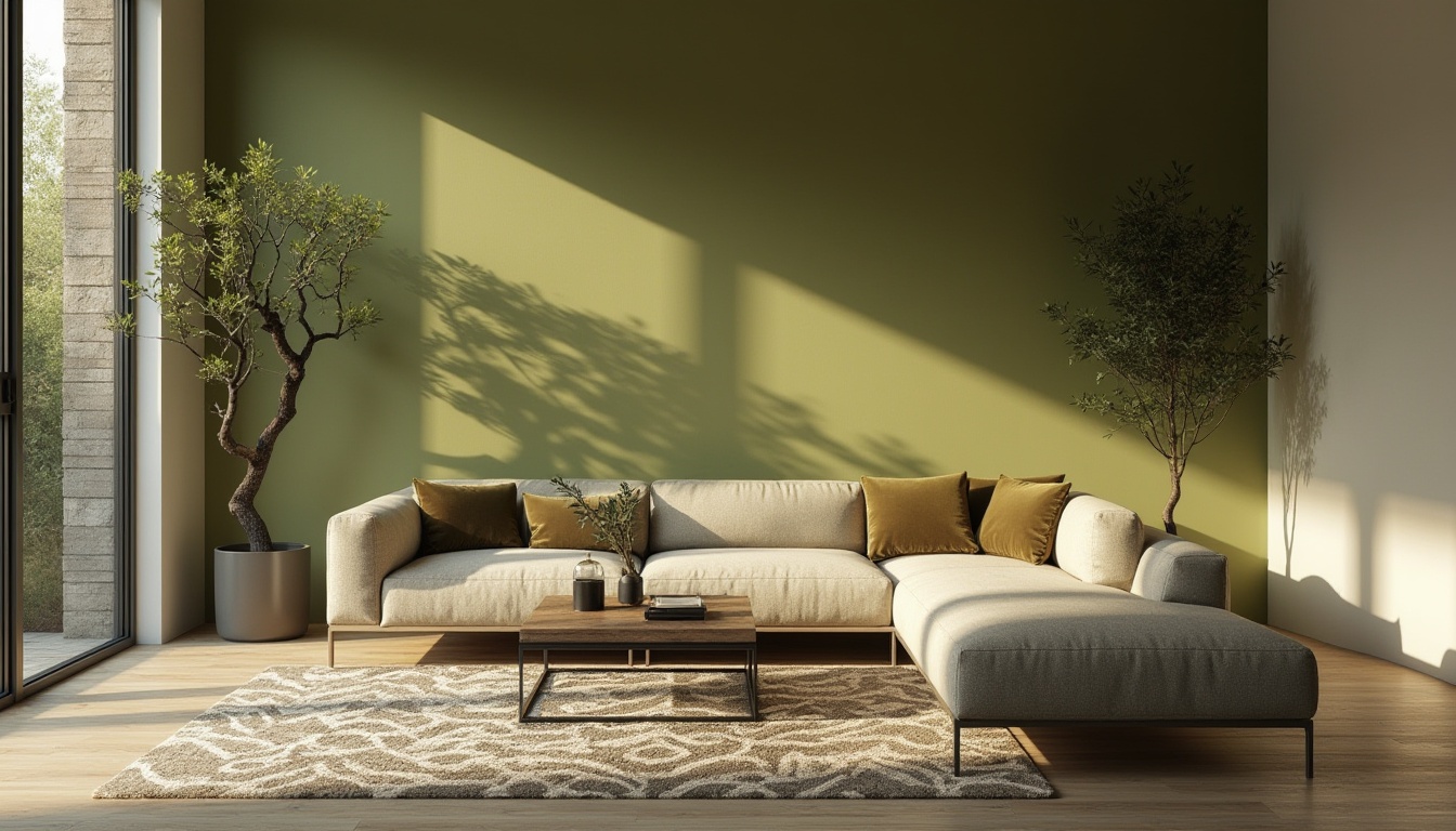 Prompt: Olive green accent wall, modern living room, minimalist decor, sleek low-profile couch, olive velvet throw pillows, geometric patterned rug, industrial metal coffee table, potted olive tree, large windows, natural light pouring in, warm ambiance, 3/4 composition, shallow depth of field, soft focus, cinematic mood, afternoon sunlight.