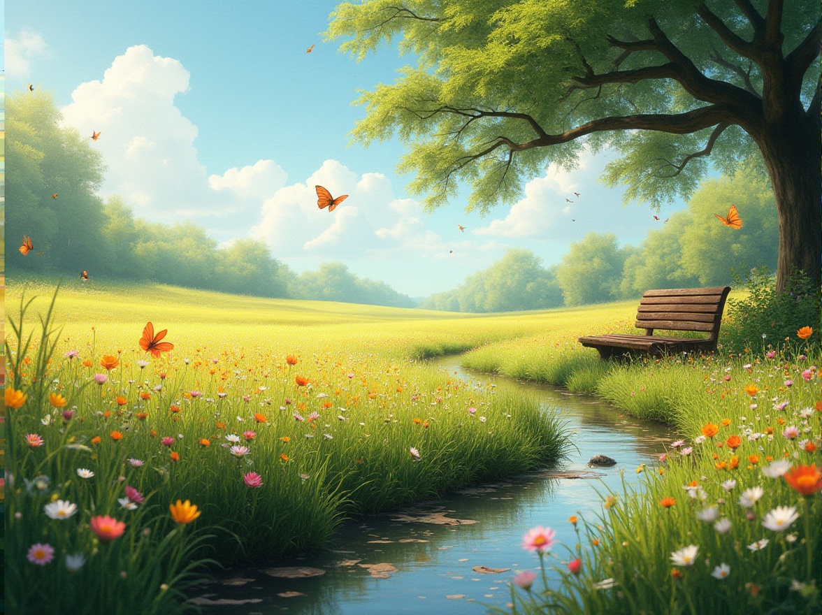 Prompt: Serene meadow, sunny afternoon, warm soft light, gentle breeze, vibrant wildflowers of various colors, swaying grass, a few puffy white clouds, a small winding stream running through the center, clear water reflecting the blue sky, several butterflies fluttering around, a few bees collecting nectar, a wooden bench under a tall oak tree, lush green foliage, soft rustic texture, peaceful atmosphere, warm color palette, 3/4 composition, shallow depth of field.