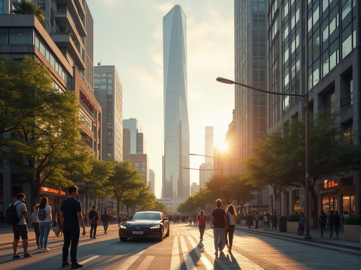 Prompt: Urban landscape, khaki color tone, modern skyscraper, sleek architecture, busy street scene, people in casual wear, jeans, t-shirts, sneakers, backpacks, urban plants, greenery, city lights, afternoon sunlight, low angle shot, 3/4 composition, shallow depth of field, warm color palette, cinematic mood, realistic rendering.