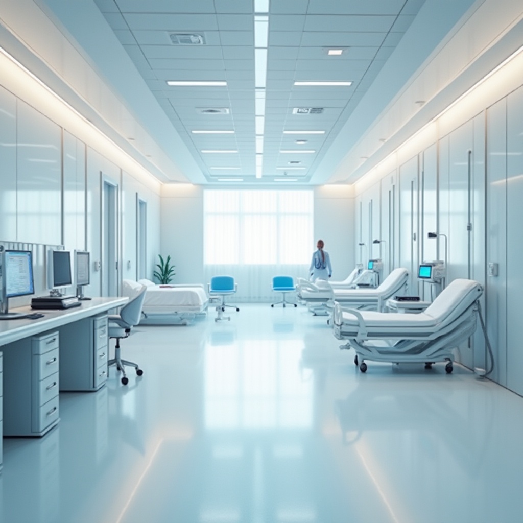 Prompt: Modern hospital interior, sleek plastic materials, futuristic medical equipment, sterile white walls, polished floors, soft indirect lighting, minimalist decoration, rows of private patient rooms, nurse station with computer monitors, ergonomic chairs, antimicrobial surfaces, transparent glass partitions, stainless steel handrails, quiet atmosphere, subtle color scheme, 3/4 composition, shallow depth of field, realistic rendering, softbox lighting.