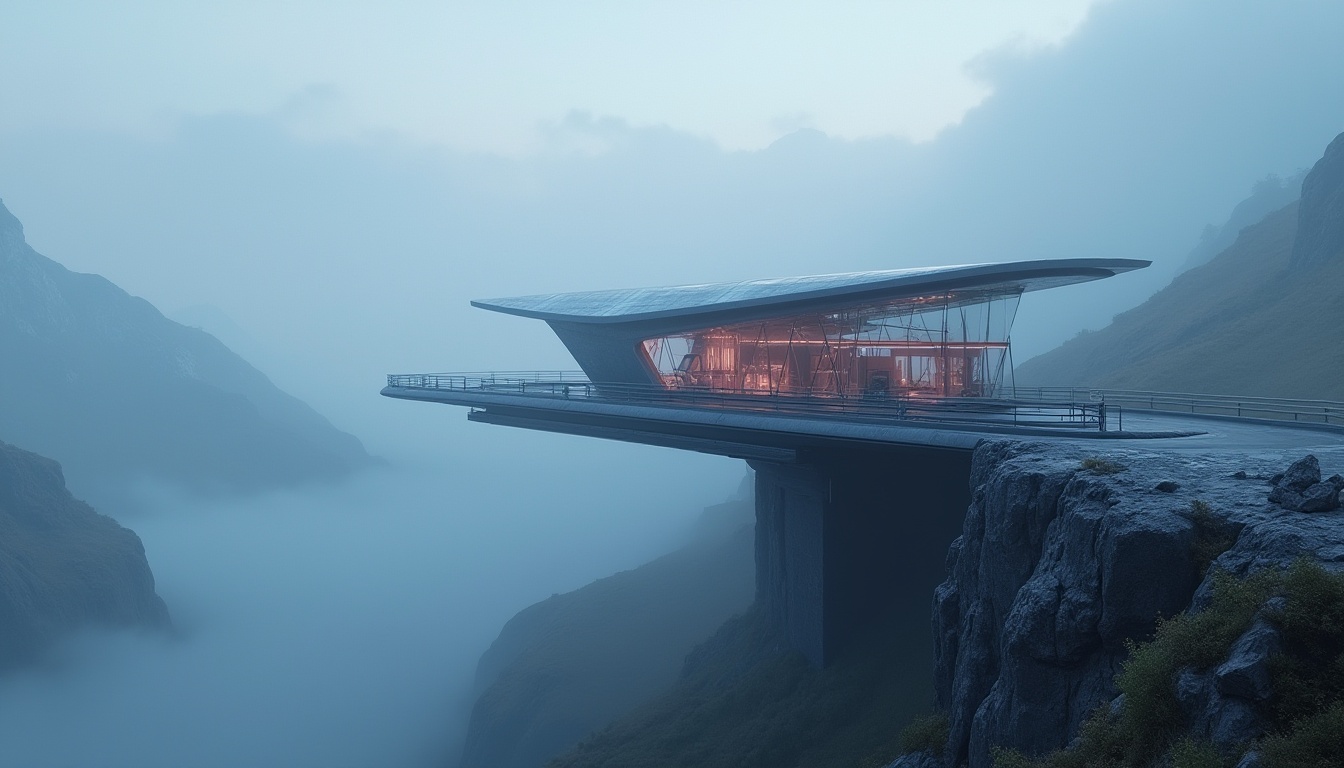 Prompt: Futuristic plateau tram station, elevated structure, sleek modern architecture, glass and steel materials, angular lines, minimalist design, soft neon lighting, misty atmosphere, mountainous background, foggy weather, panoramic view, 3/4 composition, ambient Occlusion, cinematic mood, futuristic ambiance, vibrant colors, advanced technology integration.