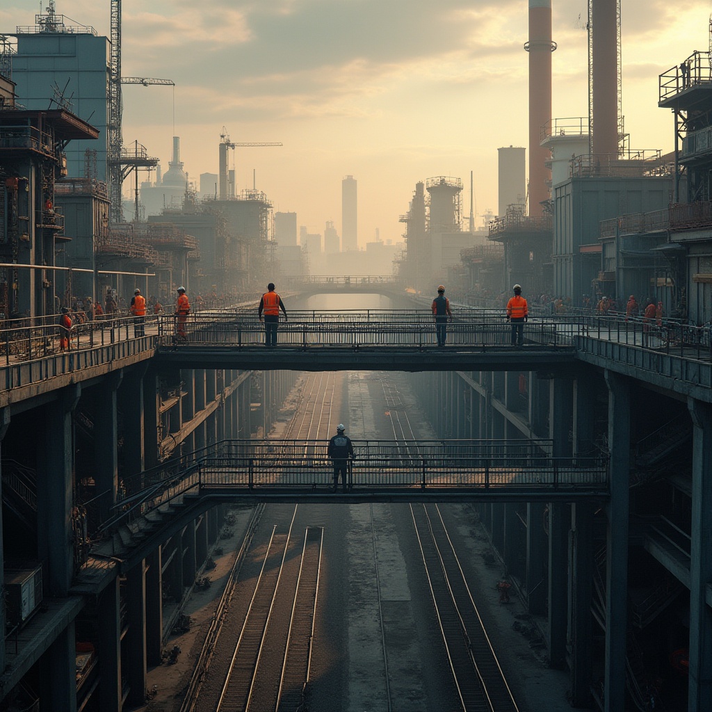 Prompt: Industrial area, pedestrian bridge, steel structure, modern architecture, urban renewal, cityscape, sunset, warm lighting, misty atmosphere, busy streets, factories, warehouses, cranes, chimneys, rail tracks, metallic textures, concrete pillars, stairs, handrails, safety nets, workers in orange vests, helmets, hard hats, tool belts, walking, looking up, interacting with the bridge, city skyline, distant skyscrapers, cloudy sky, soft focus, shallow depth of field, cinematic composition.