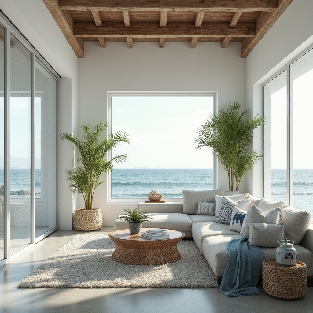 Prompt: Beach loft space, modern minimalist, open-plan living area, large windows, panoramic ocean view, natural light pouring in, white walls, polished concrete floors, rustic wooden beams, cozy reading nook, plush sectional sofa, nautical-themed throw pillows, potted palm trees, woven rattan coffee table, driftwood decorative accents, soft blue and white color scheme, airy atmosphere, 3/4 composition, warm lighting, relaxed coastal vibe.