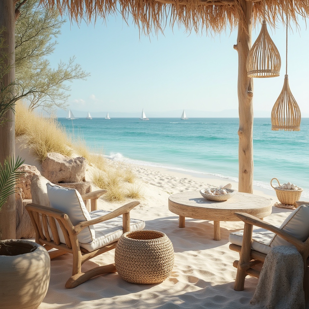 Prompt: Coastal scenery, plum-colored accents, driftwood furniture, woven sea grass baskets, shells, starfish decorations, ocean-inspired textiles, beachy vibes, warm sandy dunes, clear turquoise water, sailboats in the distance, sunny afternoon, gentle sea breeze, soft focus, natural lighting, 3/4 composition, minimalist aesthetic.