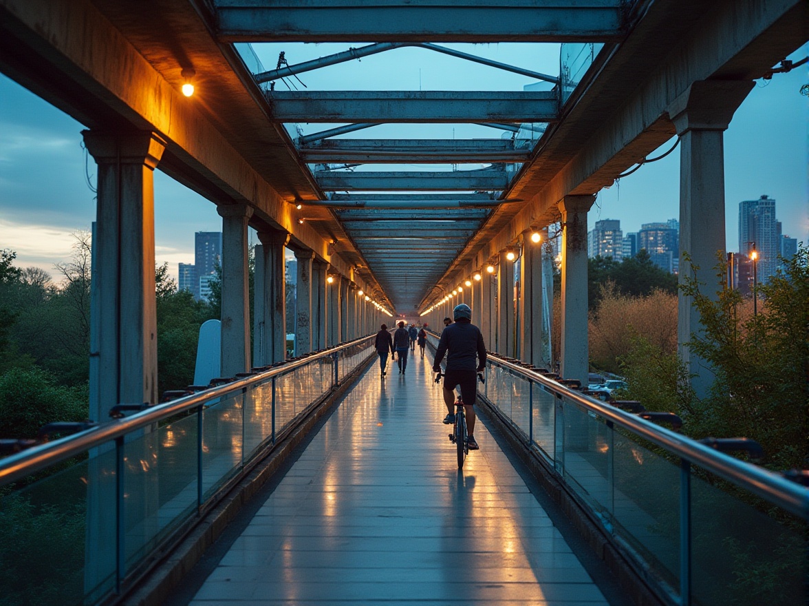 Prompt: Industrial area, pedestrian bridge, steel structure, modern design, urban planning, cityscape, concrete pillars, metal railings, glass floor, LED lighting, evening time, warm ambient light, dynamic composition, shallow depth of field, vibrant colors, people walking, commuting, cyclist, skateboarder, greenery, trees, bushes, urban jungle, background blur, cinematic effect.