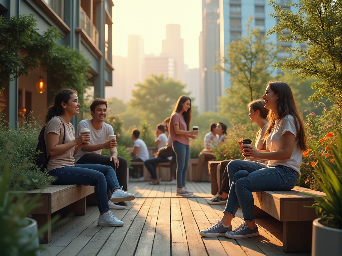 Prompt: Urban community space, modern apartments, rooftop garden, lush greenery, vibrant flowers, wooden benches, metal railings, cityscape backdrop, sunny afternoon, warm lighting, shallow depth of field, 3/4 composition, people socializing, laughing, chatting, holding coffee cups, wearing casual clothes, jeans, t-shirts, sneakers, friends gathering, community bonding, natural materials, wooden accents, green walls, urban oasis.