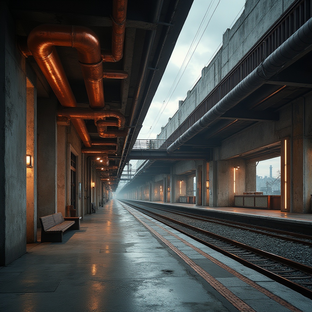 Prompt: Industrial train station, brutalist architecture, exposed copper pipes, oxidized copper accents, raw concrete walls, steel beams, industrial lighting, metal staircase, minimalist benches, urban atmosphere, cityscape, cloudy sky, dramatic shadows, low-angle shot, cinematic composition, warm color tone, high contrast, detailed texture, realistic reflection.