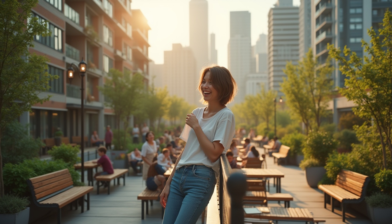 Prompt: Urban community space, modern apartment complex, rooftop garden, vibrant greenery, wooden benches, street lamps, cozy atmosphere, warm lighting, residents gathering, laughing, chatting, solo female, 25yo, casual wear, jeans, white top, messy bob hair, natural makeup, smiling, leaning on railing, cityscape background, skyscrapers, bustling streets, soft focus, shallow depth of field, cinematic composition, afternoon sunlight.