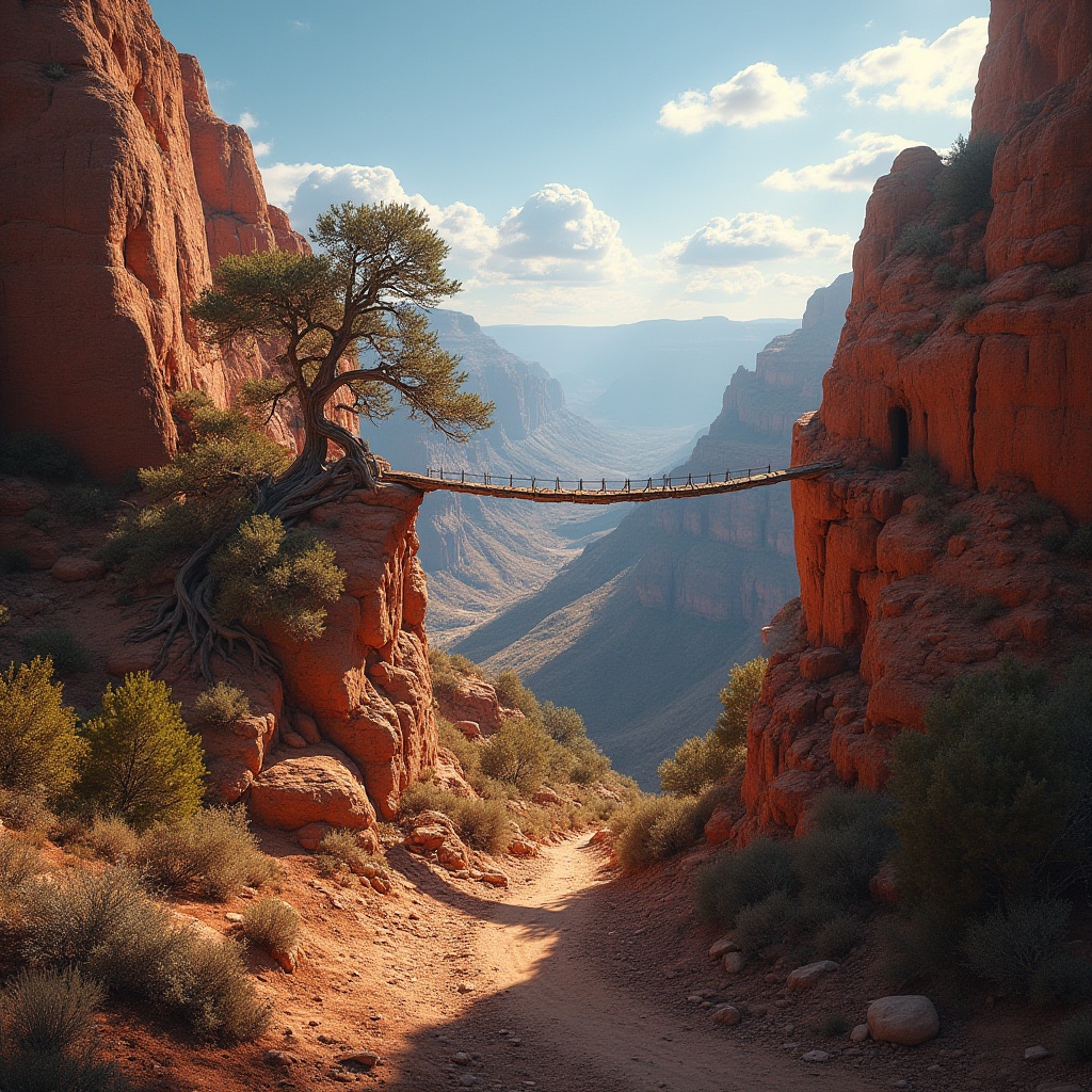 Prompt: Canyon landscape, majestic grandeur, rust-colored rocky cliffs, vast open spaces, blue sky with few white clouds, warm sunlight casting long shadows, scattered desert plants, a winding dirt path leading to the canyon floor, ancient tree roots clinging to the cliffside, weathered wooden bridge suspended above the valley, natural erosion patterns on rock surfaces, intricate texture details, dramatic panoramic view, 3/4 composition, high contrast lighting.