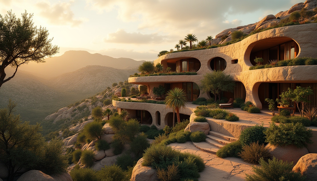 Prompt: Canyon-inspired building, merging nature with architecture, modern organic design, curved lines, natural stone walls, wooden accents, lush greenery integration, rooftop garden, sprawling trees, desert landscape, warm golden lighting, sunset ambiance, dramatic shadows, 3/4 composition, cinematic depth of field, realistic texture, ambient occlusion.