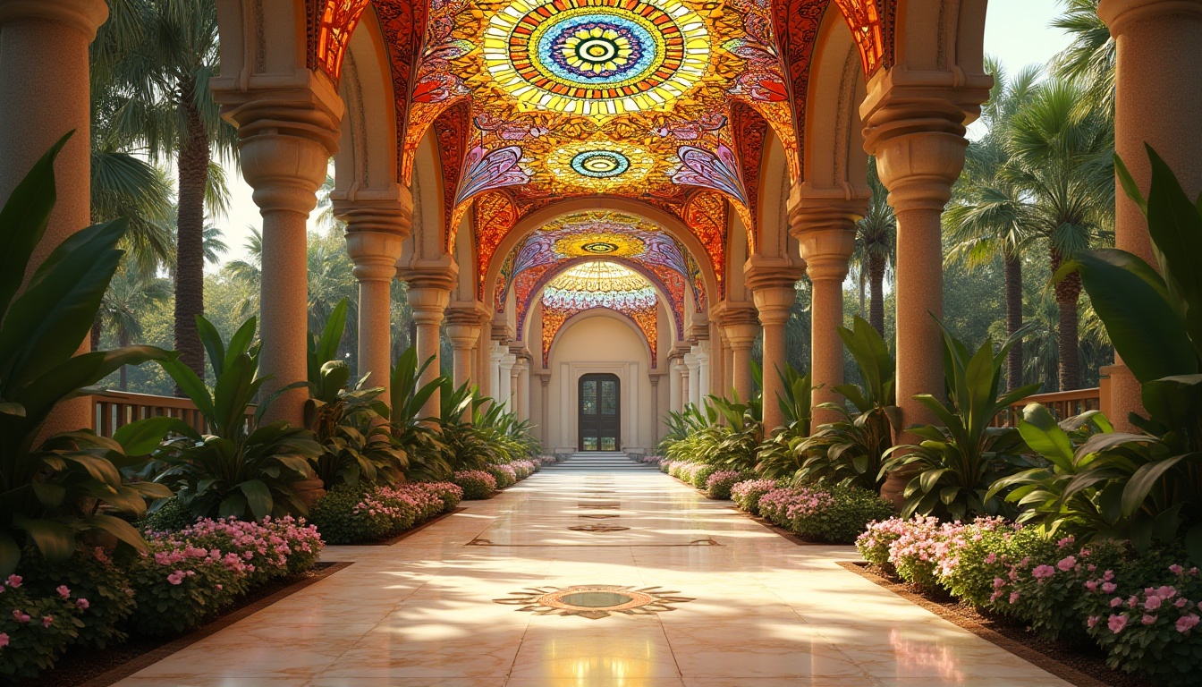 Prompt: Colorful pavilion, stained glass roof, vibrant red, orange, yellow, green, blue, purple, geometric patterns, intricate designs, Islamic architecture influence, grand entrance, arches, columns, symmetrical composition, reflective marble floors, lush greenery surrounding, flower beds, tropical plants, sunny day, warm natural light, soft shadows, 3/4 composition, ambient lighting, cinematic atmosphere.