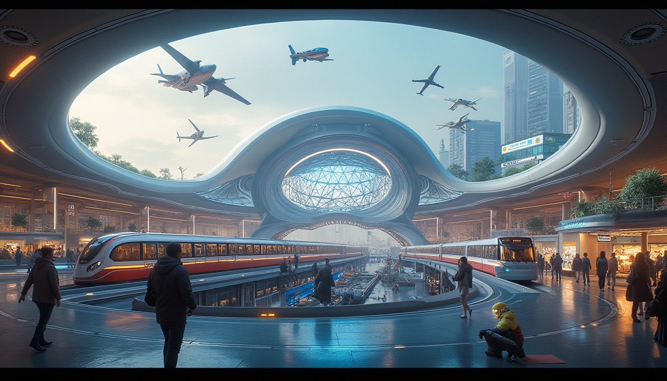 Prompt: Futuristic transportation hub, sleek modern architecture, curved lines, glass dome, LED lighting, neon signs, holographic advertisements, bustling atmosphere, people in futuristic clothing, augmented reality interfaces, high-speed trains, hyperloop tubes, self-driving cars, electric buses, vertical takeoff aircraft, drone delivery, green roofs, urban gardens, cityscape background, panoramic view, 3/4 composition, warm ambient lighting.