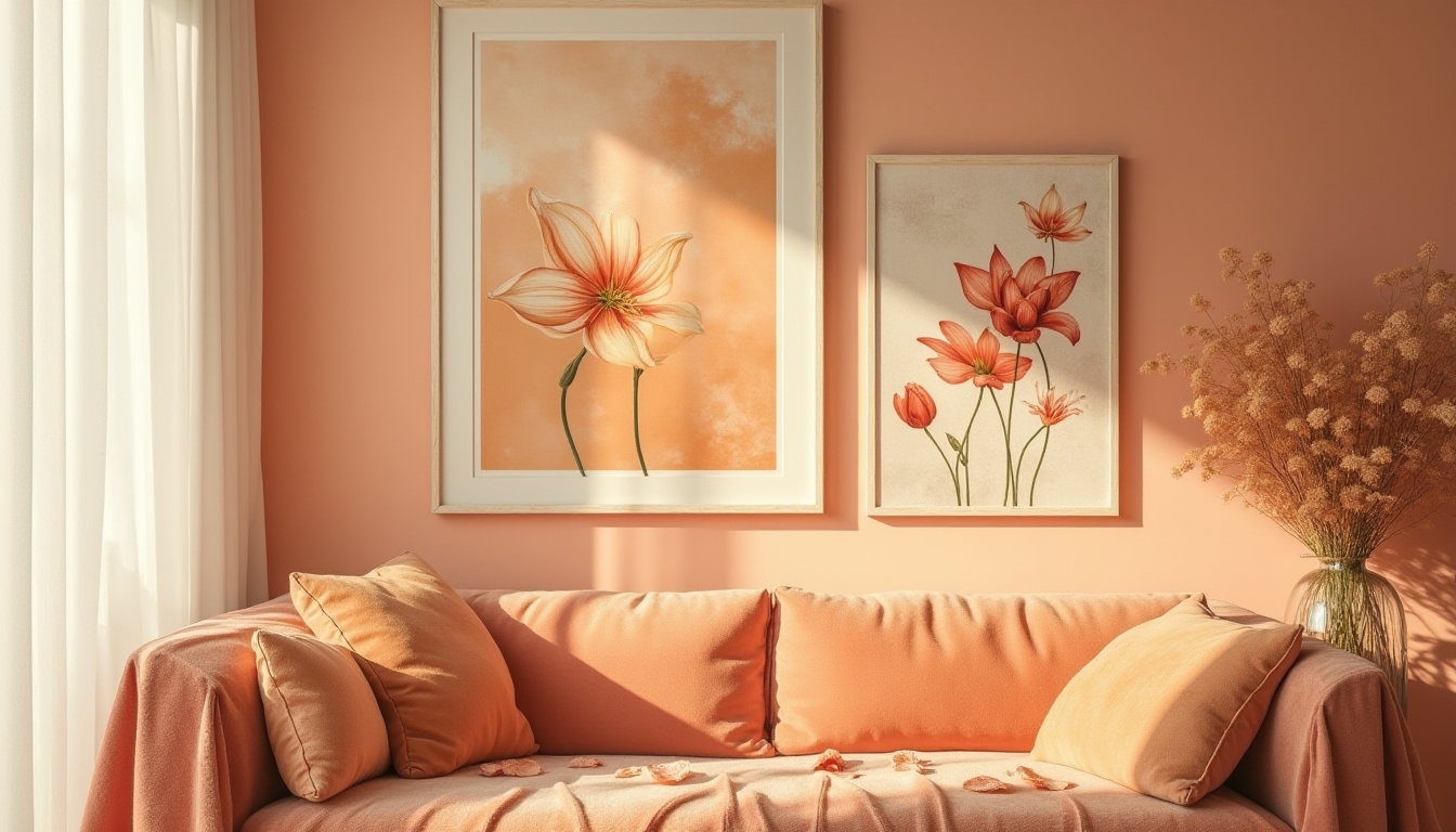 Prompt: Apricot color, pastel orange tone, soft gradient, warm lighting, delicate petals, flower-inspired patterns, vintage posters, distressed textures, ornate frames, elegant typography, luxurious fabrics, velvet sofas, minimalist interior design, Scandinavian style, morning sunlight, cozy atmosphere, still life composition, shallow depth of field, film grain effect.