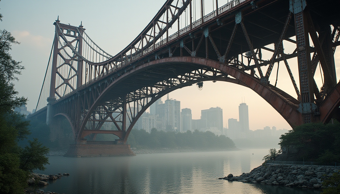 Prompt: Steel bridge, modern architecture, strong steel beams, rust-resistant coating, sleek metallic texture, curved arches, suspension cables, robust pillars, riverbank, urban cityscape, misty morning atmosphere, warm soft lighting, 3/4 composition, low-angle shot, detailed rivets, bolts, and welds, rough concrete foundation, verdant greenery nearby, subtle fog effect.