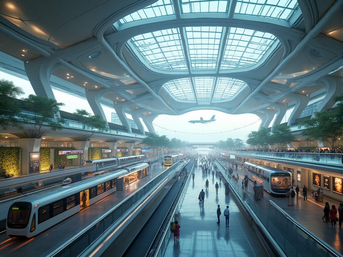 Prompt: Futuristic transportation hub, sleek modern architecture, glass dome, metallic pillars, holographic advertisements, interactive information boards, automated walkways, levitating trains, hyperloop tubes, vertical takeoff aircraft, electric bus stations, solar panel roofing, lush greenery walls, bustling crowds, blurred motion effects, 3/4 composition, panoramic view, soft natural lighting.