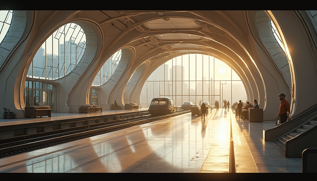 Prompt: Curved lines, geometric shapes, metallic materials, minimalist decorations, retro-futuristic atmosphere, 1930s-inspired design, elegant waiting areas, polished marble floors, large glass windows, curved staircases, modern tram tracks, sleek trains, urban cityscape, morning light, soft shadows, shallow depth of field, cinematic composition, warm color palette, ornate details, Art Deco patterns.