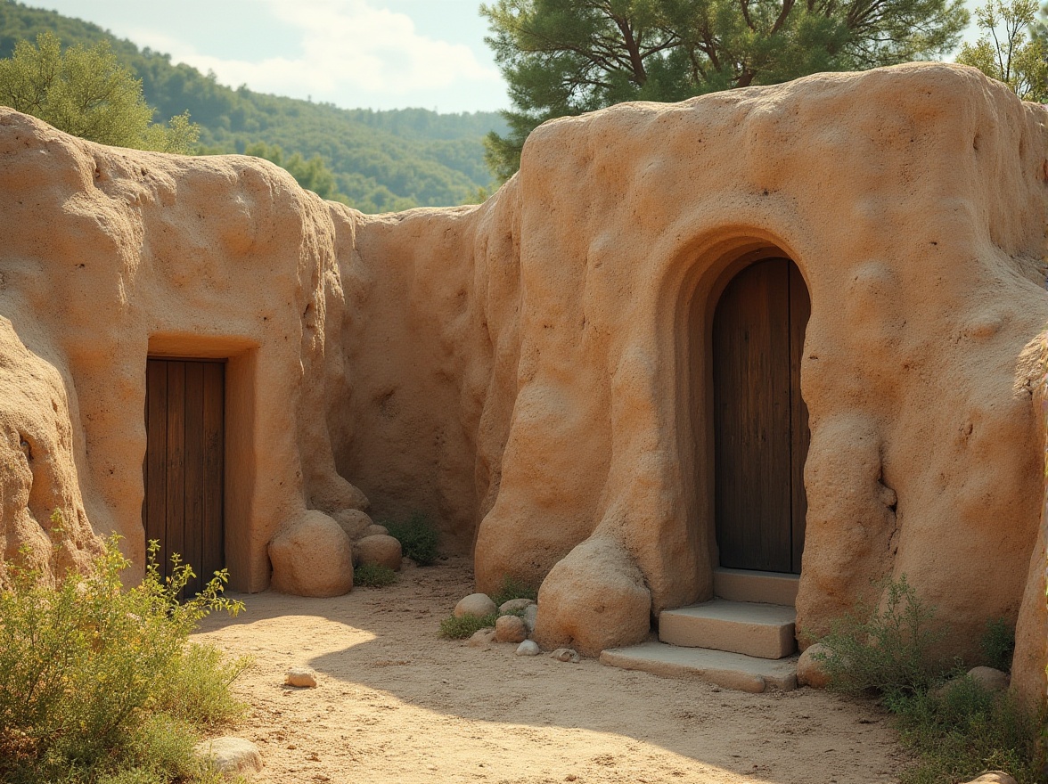 Prompt: Natural mud wall, earthy texture, rustic look, eco-friendly building material, sustainable construction method, organic curves, irregular shapes, earth tone color palette, blending with surroundings, rural landscape, countryside, rolling hills, greenery, sunny day, soft natural light, 3/4 composition, depth of field.