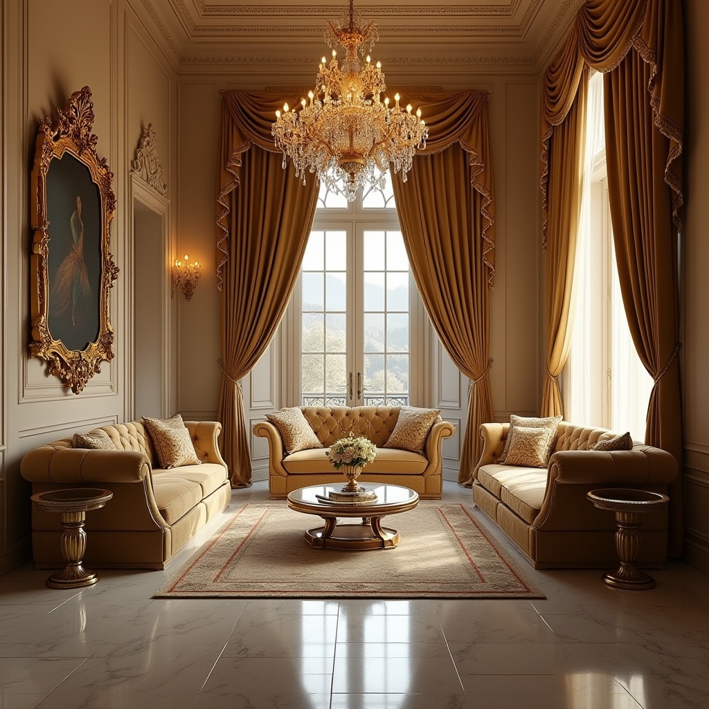 Prompt: Luxurious interior, golden accents, lavish decor, ornate chandelier, marble floor, velvet sofa, intricate patterns, golden frame mirror, crystal vase, expensive artwork, majestic curtains, regal ambiance, warm soft lighting, 3/4 composition, shallow depth of field, elegant atmosphere.