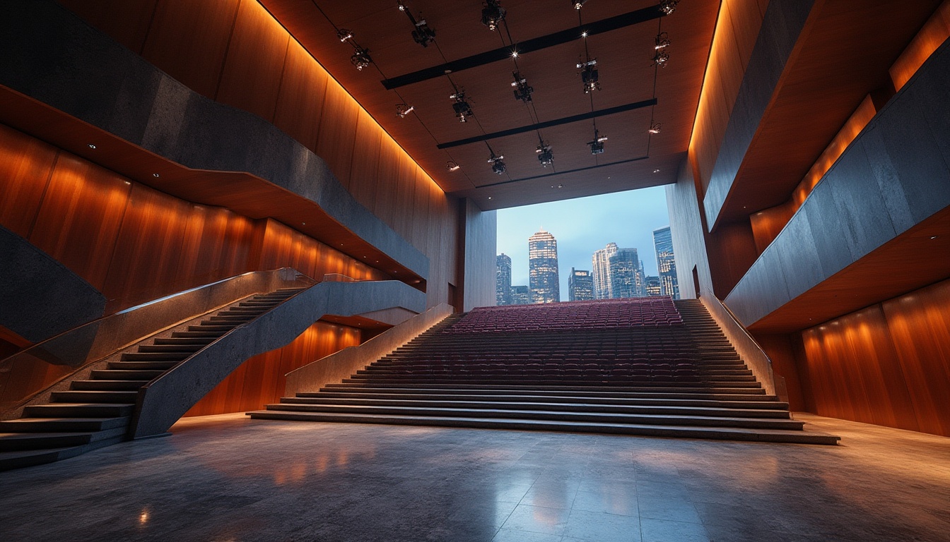 Prompt: Urban concert house, modern architecture, granite material, luxurious interior, grand staircase, high ceiling, spotlights, sleek lines, minimalist decor, polished floor, acoustic walls, auditorium seating, stage lighting, cityscape view, evening atmosphere, warm ambient light, cinematic composition, 3/4 shot, low-angle photography.