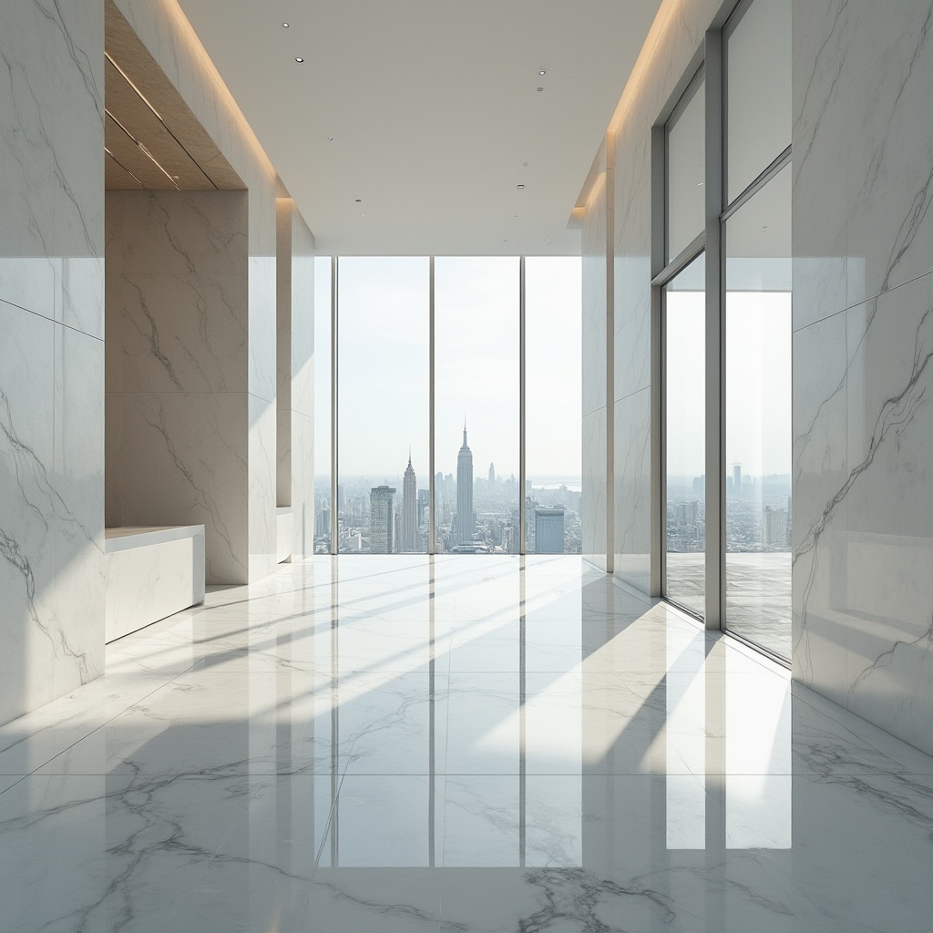 Prompt: Bauhaus style, interior design, marble material, luxurious ambiance, modernist architecture, sleek lines, minimalist decoration, polished floor, geometric patterns, pure white walls, large windows, natural light pouring in, urban cityscape outside, 3/4 composition, low-angle shot, dramatic lighting, cinematic atmosphere.