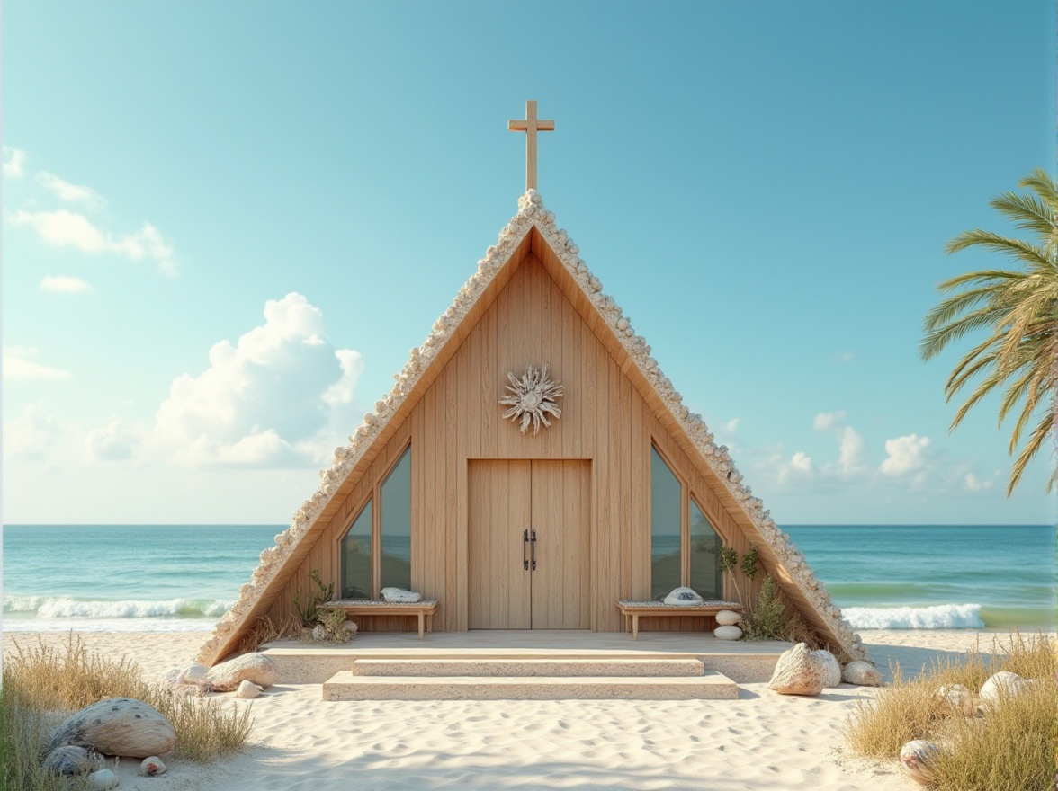 Prompt: Coastal church, modern architecture, Chukum material, wooden structure, natural texture, beige color, simple cross, stained glass windows, calm atmosphere, seashell decorations, driftwood accents, ocean view, beachside, sunny day, clear blue sky, few puffy clouds, gentle sea breeze, soft warm lighting.