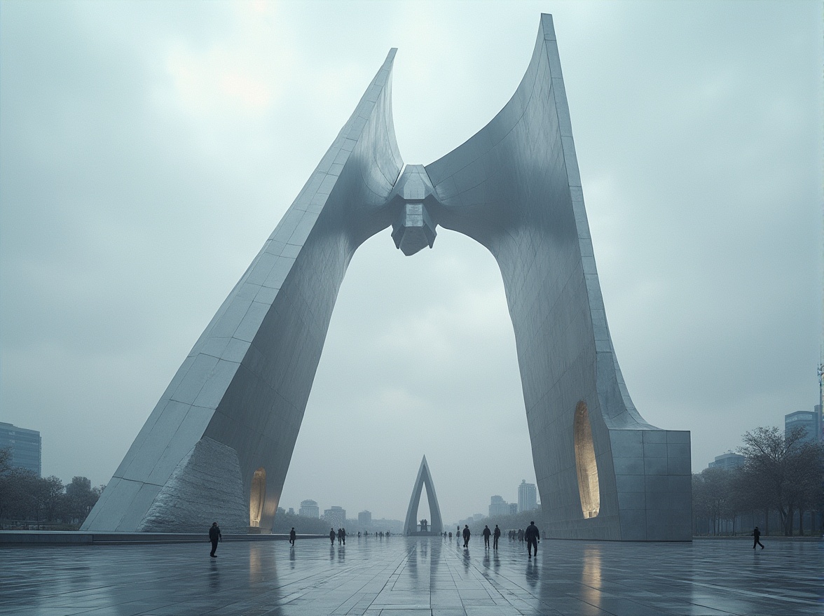 Prompt: Modern monument, futuristic architecture, sleek lines, geometric shapes, metallic materials, silver-gray color scheme, abstract sculptures, urban cityscape, cloudy sky, dramatic lighting, low-angle shot, bold composition, brutalist-inspired, minimalist details, clean textures, reflective surfaces, monumental scale, dynamic poses, heroic figures, symbolic motifs, solemn atmosphere.