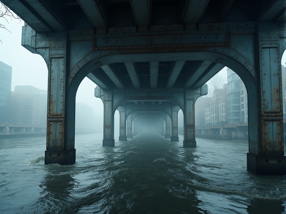 Prompt: Industrial bridge, steel material, robust structure, metallic texture, silver color, rivets details, complex composition, low-angle shot, dramatic lighting, misty atmosphere, urban cityscape, river flowing underneath, modern architecture, sleek design, bold lines, powerful pillars, sturdy beams, intricate framework.