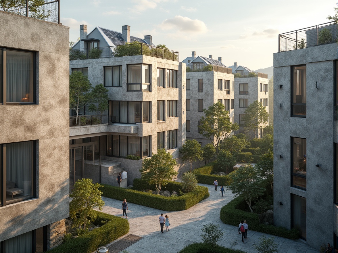 Prompt: Modern university housing, urban campus setting, limestone exterior walls, grey tone, rustic texture, glass windows, steel frames, minimalist design, green roof, solar panels, balcony with metal railings, students studying or socializing, afternoon sunlight, soft shadows, 3/4 composition, naturalistic color palette, detailed architectural lines, subtle gradation of light.