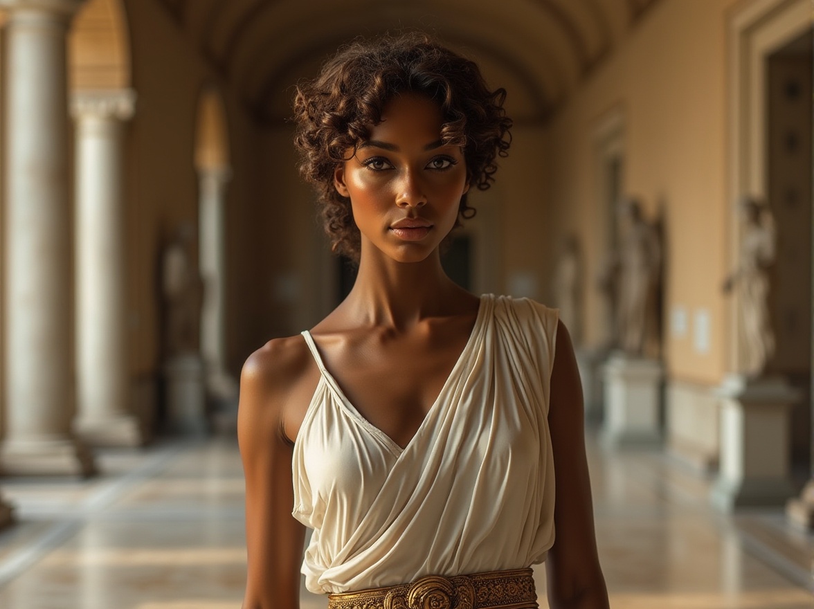 Prompt: Bronze statue, ancient Greece inspired, woman, goddess, elegant, sophisticated, curly brown hair, warm bronzed skin tone, subtle makeup, shimmering bronzed eye shadow, bold eyeliner, full lips, flowing white toga, draped elegantly, bronzed belt, intricate designs, luxurious textures, ornate details, pedestal, museum, marble floor, soft natural light, subtle gradient effect, cinematic composition, warm color palette.