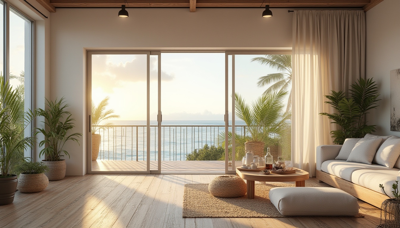 Prompt: beach loft space, interior design, modern coastal style, large windows, natural light, wooden flooring, white walls, minimal decor, beach-inspired accents, seashells, driftwood, nautical ropes, soft cushions, comfortable sofa, coffee table, potted plants, palm trees, ocean view, balcony, sliding glass doors, warm lighting, sunset ambiance, relaxing atmosphere, 3/4 composition, natural texture, coastal vibe.