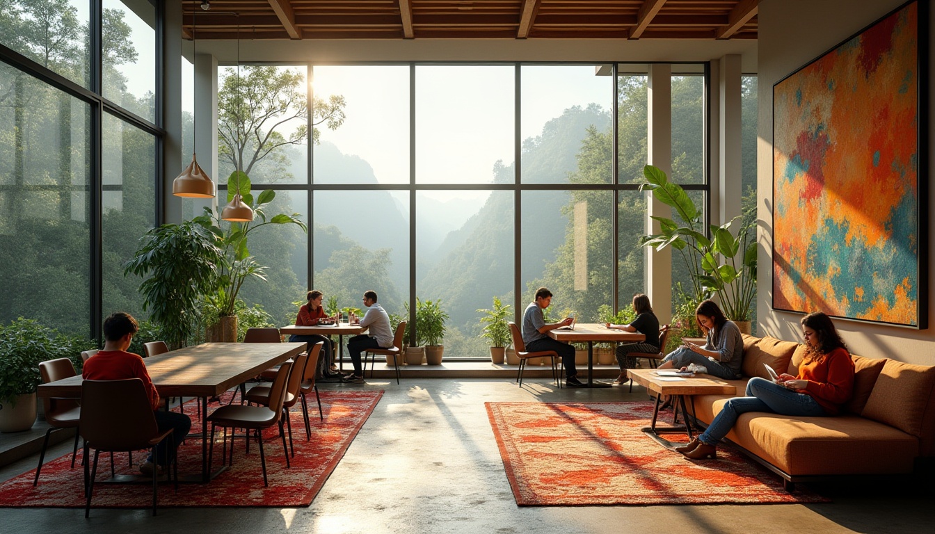 Prompt: Valley-inspired student hall, modern minimalist architecture, sleek glass walls, wooden accents, lush greenery, floor-to-ceiling windows, natural light pouring in, cozy reading nooks, comfortable sofas, rustic wooden tables, warm pendant lighting, students studying or chatting, laptops and books scattered, vibrant colorful artwork on walls, geometric patterns on rugs, panoramic view of surrounding mountains, misty fog rolling in, soft morning sunlight, 3/4 composition, cinematic ambiance.