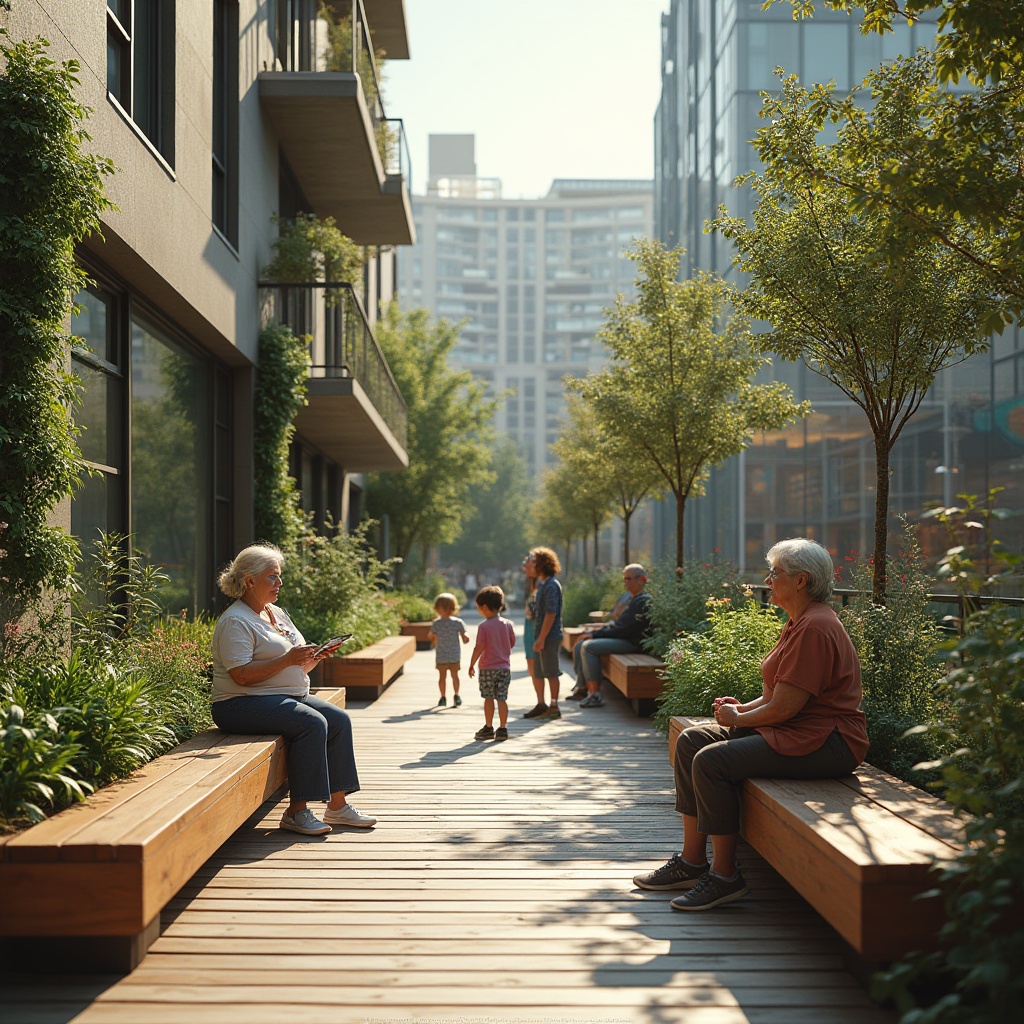 Prompt: Urban community space, modern apartment complex, rooftop garden, greenery walls, wooden benches, vibrant street art, diverse residents, elderly lady reading, young mother playing with kids, fitness enthusiast exercising, natural light pouring in, 3/4 composition, warm color tone, shallow depth of field, harmonious atmosphere, urban oasis.